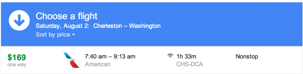 The flight to Washington is a non-stop from CHS-DCA, this won't work