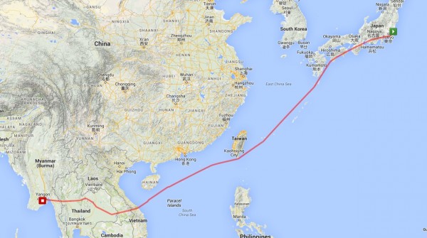 Our route as captured by my GPS, interesting that we seem to completely avoid Chinese airspace